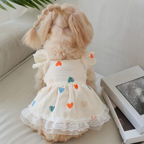 Pet Clothing Cat Dog Four Seasons Colorful Heart Girl Doll Dress Children's Gauze Skin-Friendly Dress 1pc