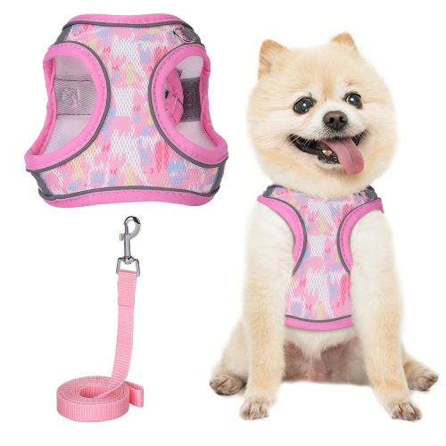 HD008-Colorful Printed Breathable Mesh Pet Harness and Leash Set, Colorful Printed Mesh, Breathable and Cooler, Flexible and Durable; High-Visibility Reflective Strips for Nighttime Reflectivity, Enhanced Visibility for Easier Detection.