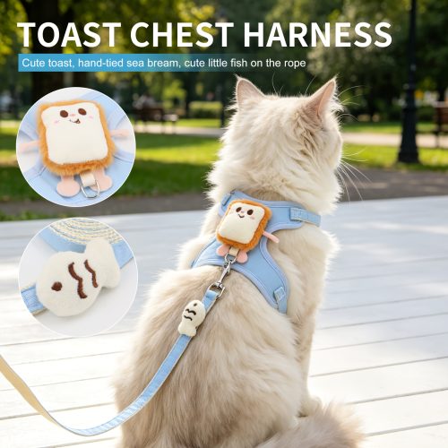 Small and Medium-sized Pet Supplies, Universal Blue Toast-pattern Chest and Back Leash Set for Cats and Dogs, Made of Soft Material for Comfortable Wear