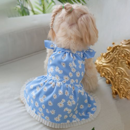 Pet Dress, Blue Small Daisy Flutter Sleeve Pastoral Style Doll Dress for Cats and Dogs, 1pc